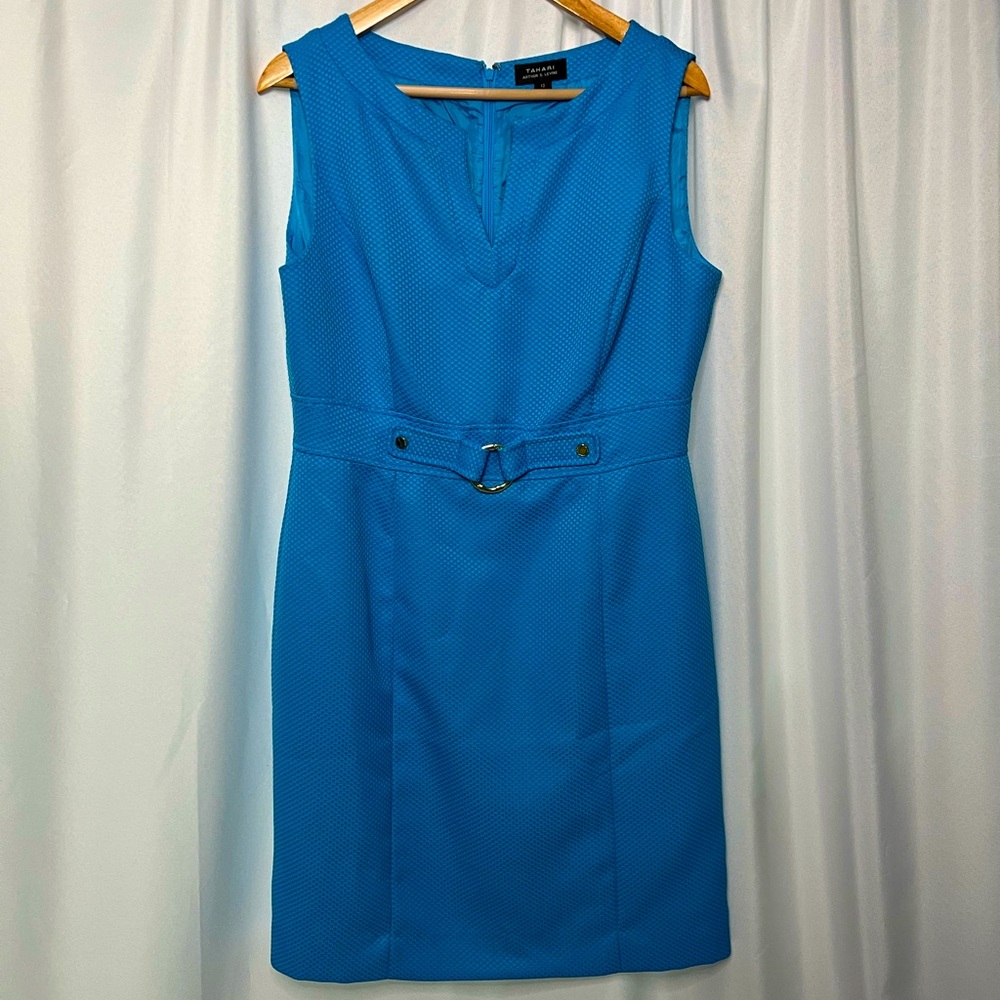 Tahari Arthur S Levine Teal Split Neck Sheath Dress - size 12